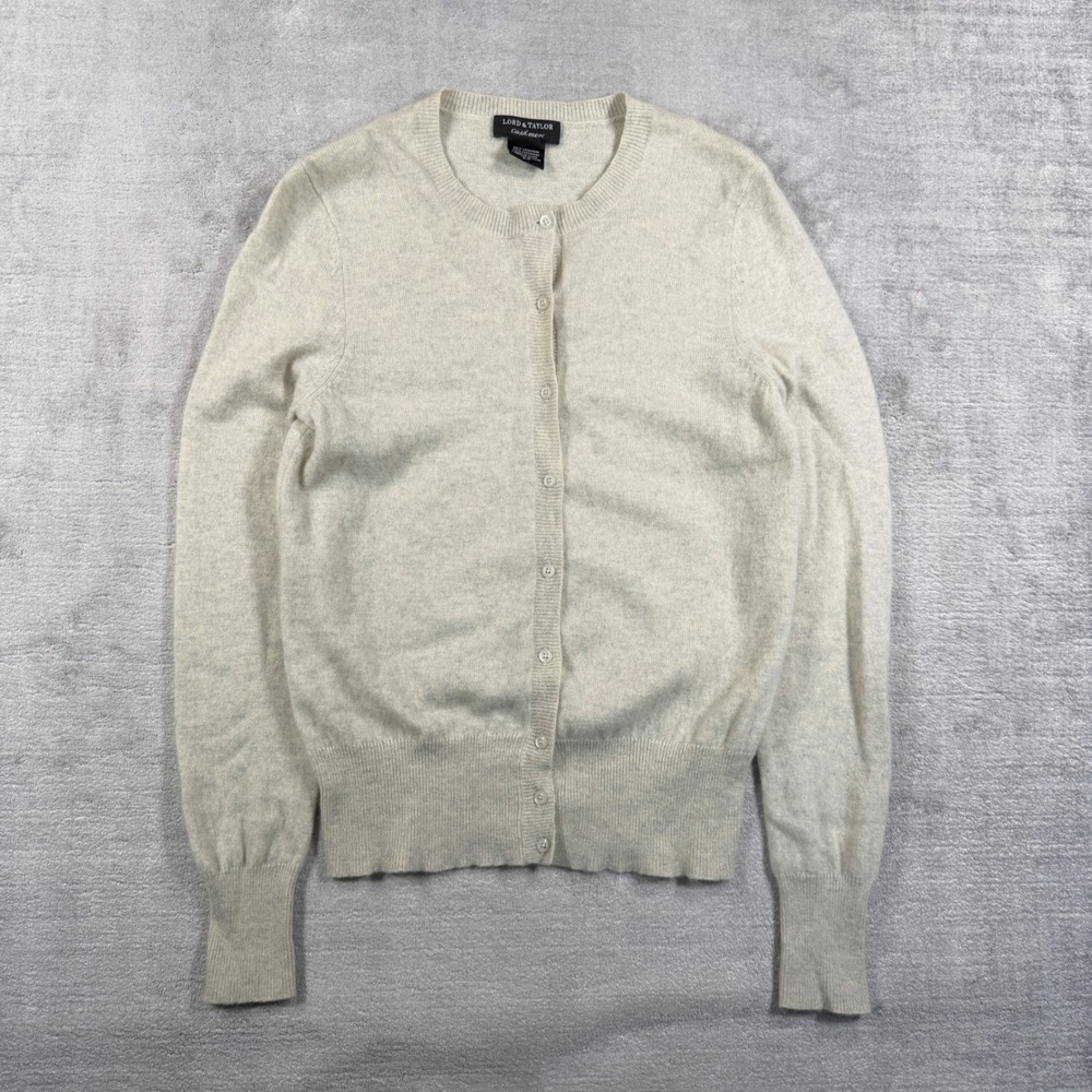 Lord & Taylor Sweater Womens Small Oatmeal Beige Cashmere Cardigan Classic Knit